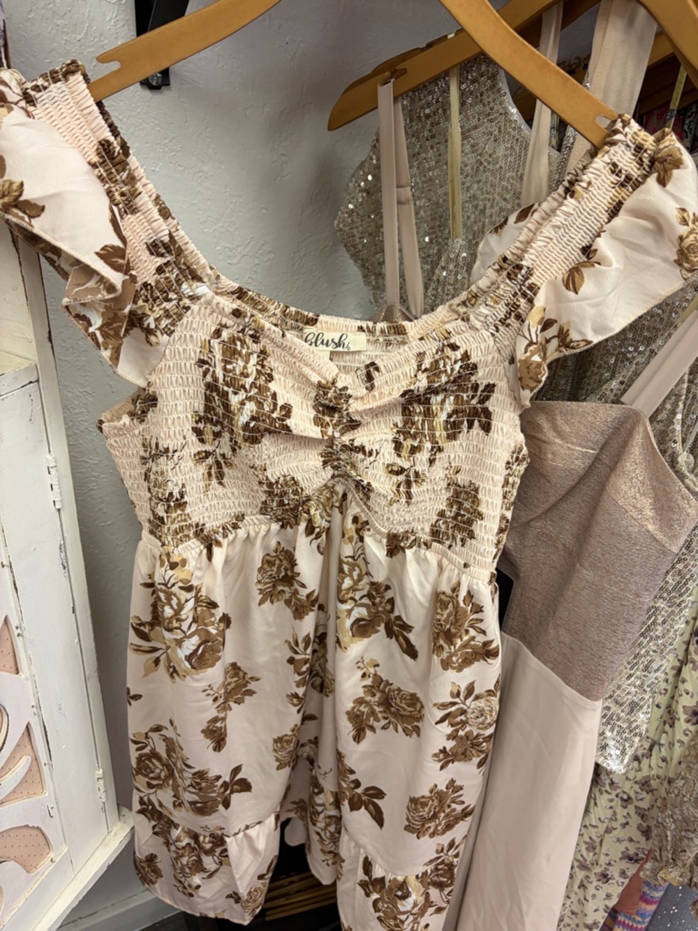 Boho Blush Cream Floral Smocked Romper with Brown Print